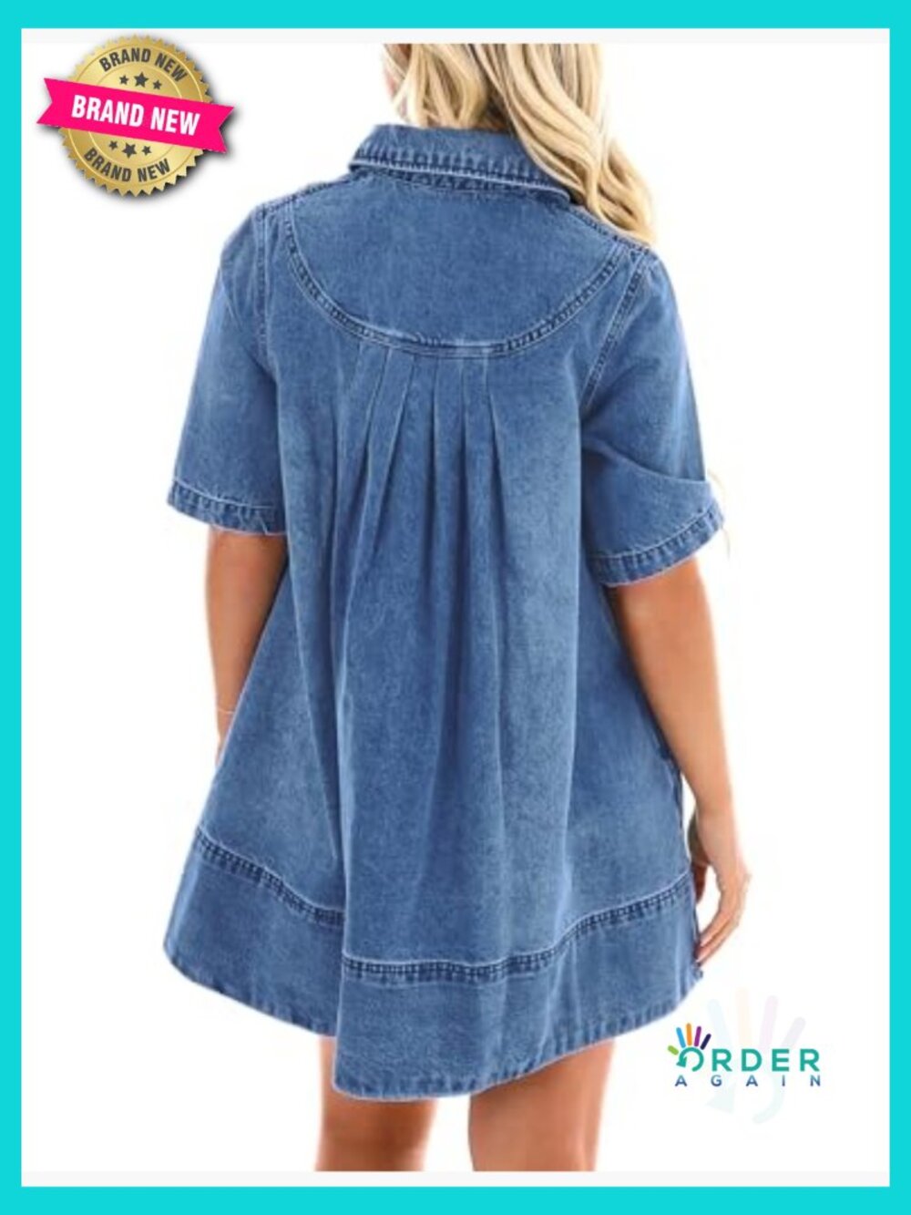 Denim Shirt Dress Mini A-Line Casual Chic Collared Short Sleeve Pockets - Picture 2 of 7